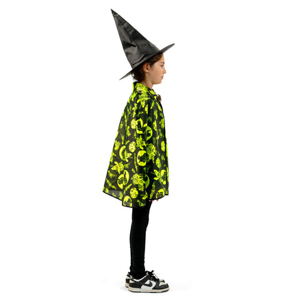 Halloween cape fluo kind zijkant, omgeslagen kraagje en losvallende polyester stof