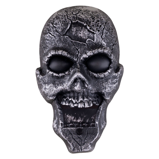Halloween deurbel schedel in zwart en zilvergrijs met barsten en drukknop onder de mond