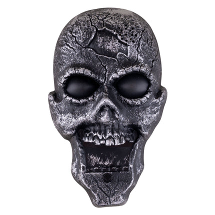 Halloween deurbel schedel in zwart en zilvergrijs met barsten en drukknop onder de mond