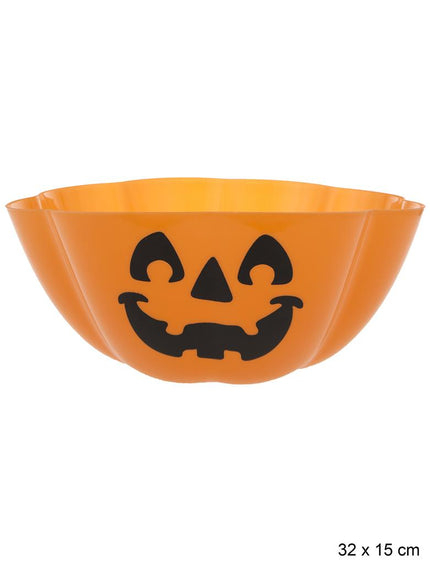Halloween fruitschaal oranje van pvc met zwart pompoengezicht, 32 x 15 cm, voor snoep op Halloween