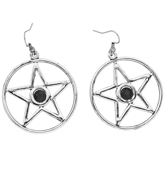 Halloween oorbellen met steen, zilverkleurige ronde hangers met vijfpuntige ster en zwarte steen