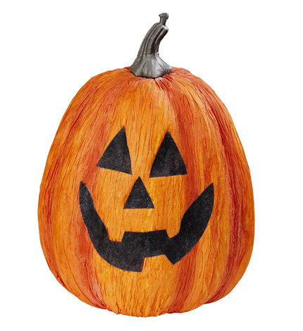 Halloween pompoen van 23 cm in oranje met zwart lachgezicht en grijze gebogen steel