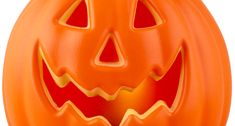 Halloween pompoen met licht in oranje PVC met zwart steeltje en uitgesneden grijnsgezicht