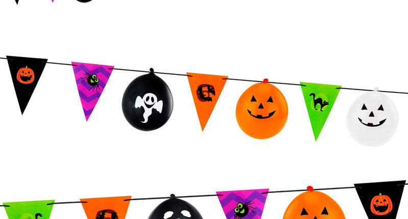 Halloween slinger meerkleurig van 3,6 meter met 8 vlaggetjes en 5 ballonnen met pompoen- en spookgezichten