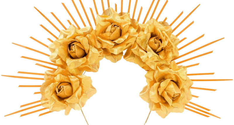 Halo met gouden rozen en stralenkrans, vijf stoffen rozen op haarband, vooraanzicht