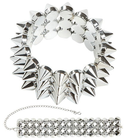 Halsband en armband met spijkers in zilver, armband met kegelvormige punten en halsband met kettinkje
