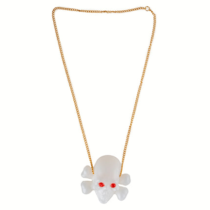 Halsketting doodskop wit met rode ogen en gekruiste botten aan goudkleurige schakelketting voor Halloween
