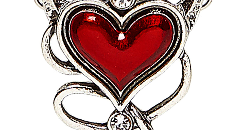Halsketting Duivels Hart met rood hart, zilverkleurige hoorntjes en staart en twee heldere steentjes