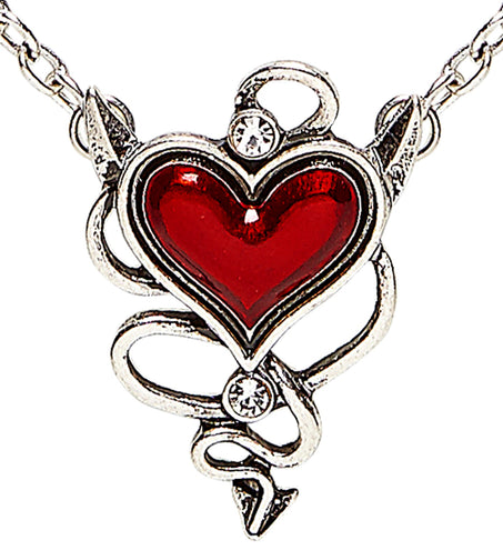 Halsketting Duivels Hart met rood hart, zilverkleurige hoorntjes en staart en twee heldere steentjes