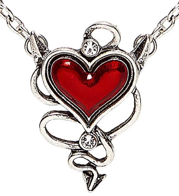 Halsketting Duivels Hart met rood hart, zilverkleurige hoorntjes en staart en twee heldere steentjes