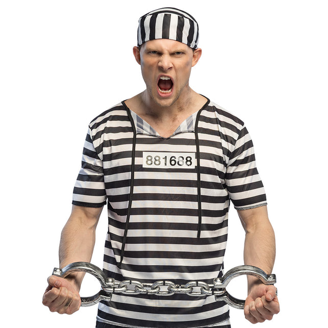 Handboeien Chainfall zilvergrijs, vastgehouden bij een zwart-wit gestreepte gevangene-outfit voor Halloween