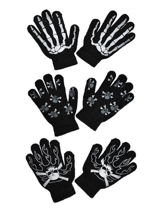 Handschoenen met botten in drie zwarte printvarianten: skelethand, schedels en vlammen, voor Halloween