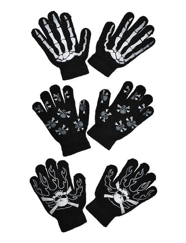 Handschoenen met botten in drie zwarte printvarianten: skelethand, schedels en vlammen, voor Halloween