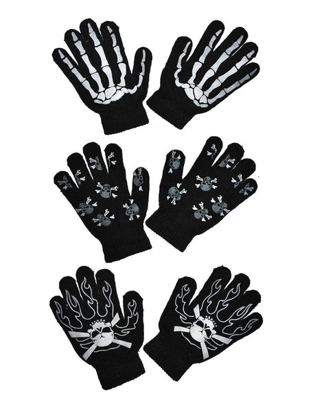 Handschoenen met botten in drie zwarte printvarianten: skelethand, schedels en vlammen, voor Halloween