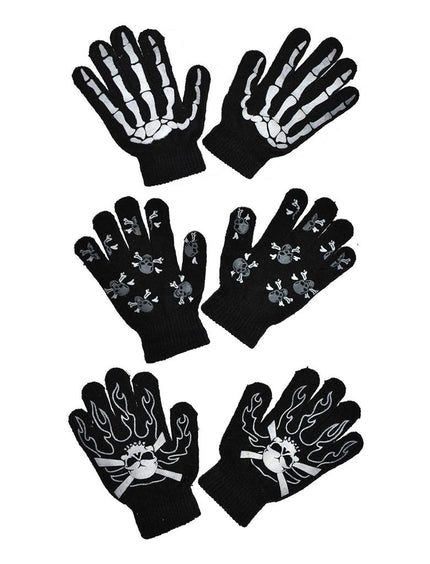 Handschoenen met botten in drie zwarte printvarianten: skelethand, schedels en vlammen, voor Halloween