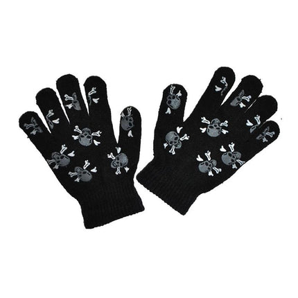Handschoenen met botten met grijze schedels en gekruiste botjes over vingers en handrug