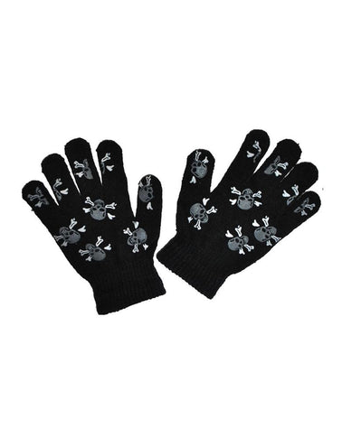 Handschoenen met botten met grijze schedels en gekruiste botjes over vingers en handrug