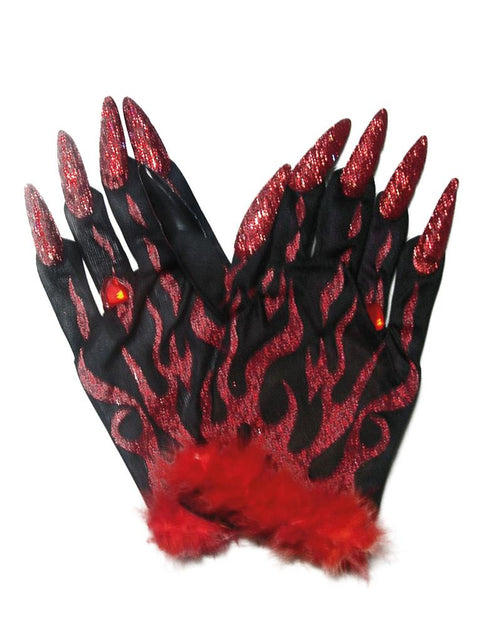 Handschoenen duivel in zwart met rode glittervlammen, lange rode nagels en rode bontrand