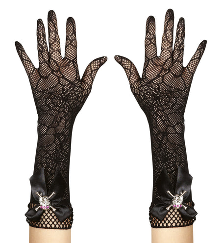 Handschoenen spinnenweb met strass schedel, zwart lang net met strik en doodskop bij de pols voor Halloween