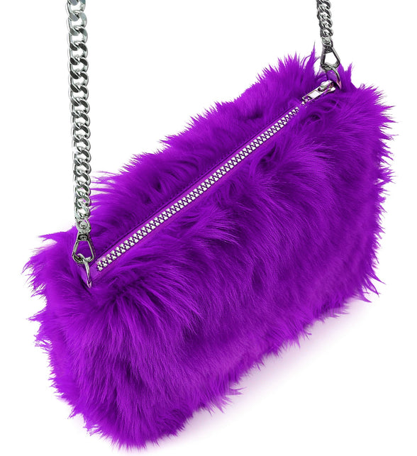 Handtas lang pluche paars met rits en zilveren schakelketting, langharige pluche