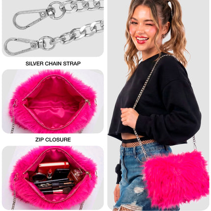 Handtas neon roze pluche detail: rits, roze voering en zilveren karabijnhaken