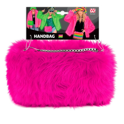 Handtas neon roze pluche langharig, vooraanzicht met verpakkingskaart en ketting