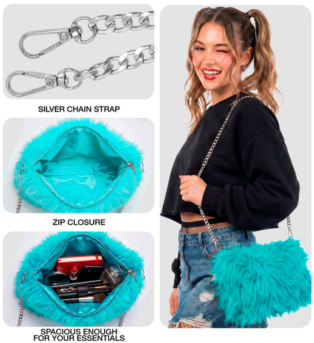 Handtas pluche azuurblauw detail: musketonhaken, rits en blauwe voering met make-up