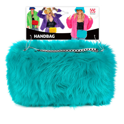 Handtas pluche azuurblauw op verpakkingskaart, langharig nepbont met ketting