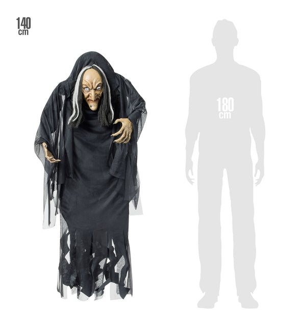 Hangdecoratie heks 140 cm naast silhouet van 180 cm als maatvergelijking