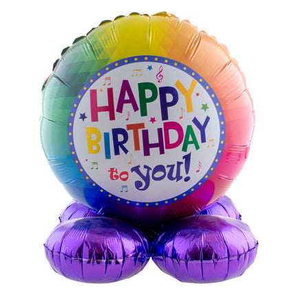 Happy birthday ballon set van 50 cm, ronde folieballon in regenboogkleuren op paarse voetballonnen voor een verjaardag
