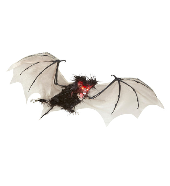 Harige vleermuis decoratie zijaanzicht met zwart behaard lijf en rood gezicht voor je halloweenfeest