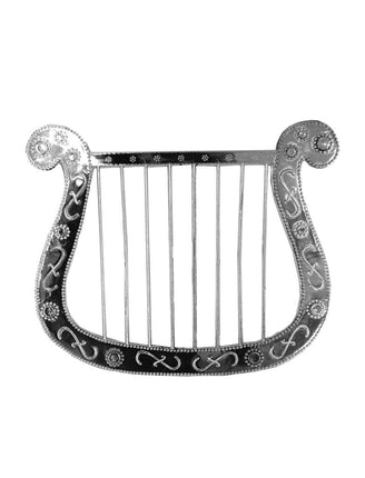 Harp engel zilver met acht snaren, gekrulde armen en sierrand in reliëf, accessoire voor het kerstspel