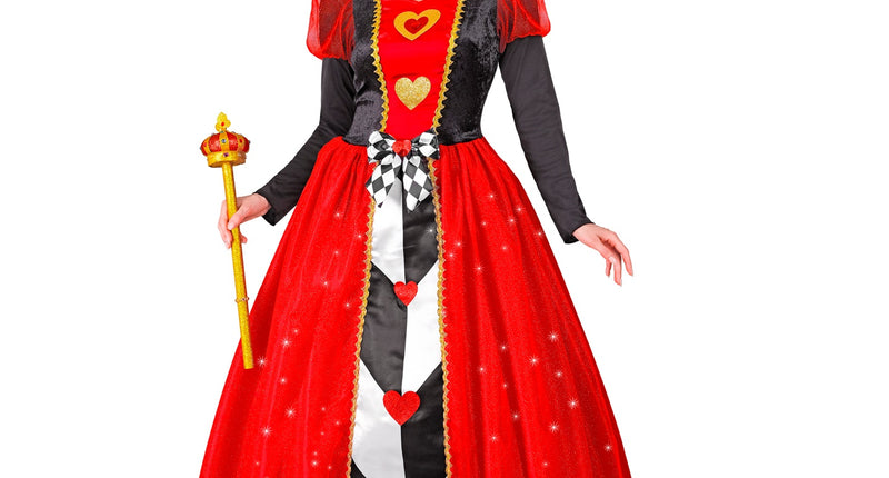 Harten koningin kostuum dames: rode jurk met zwart lijfje, gouden harten en kroon, voor carnaval