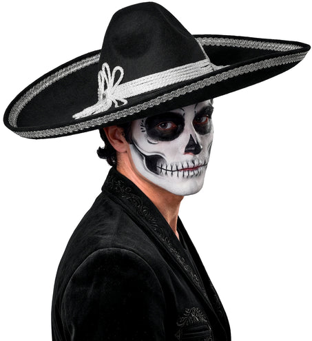 Heer met skeletschmink draagt sombrero El Charro zilver, zijaanzicht brede rand