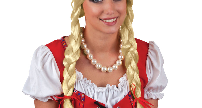 Heidi pruik blond met vlechten, lange gevlochten staarten met rode strikjes voor Oktoberfest