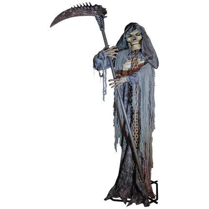 Hein de Dood animatronic van 300 cm, skelet met zeis in grijs gescheurd gewaad met capuchon