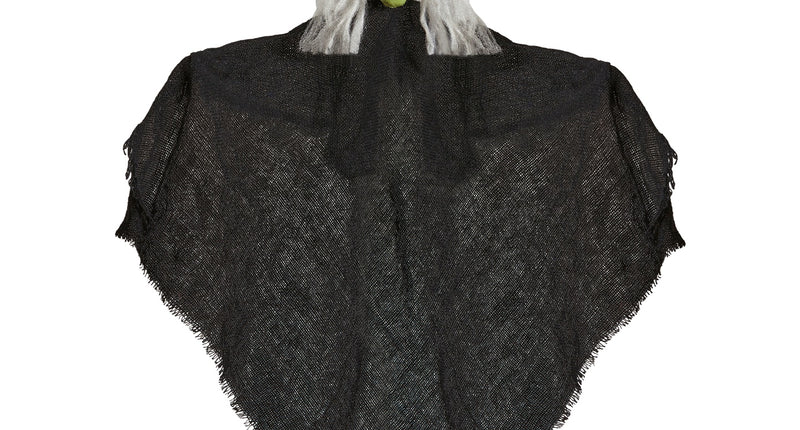 Heks decoratie Halloween 50cm met groen gezicht, zwarte punthoed en gerafelde zwarte gaasmantel
