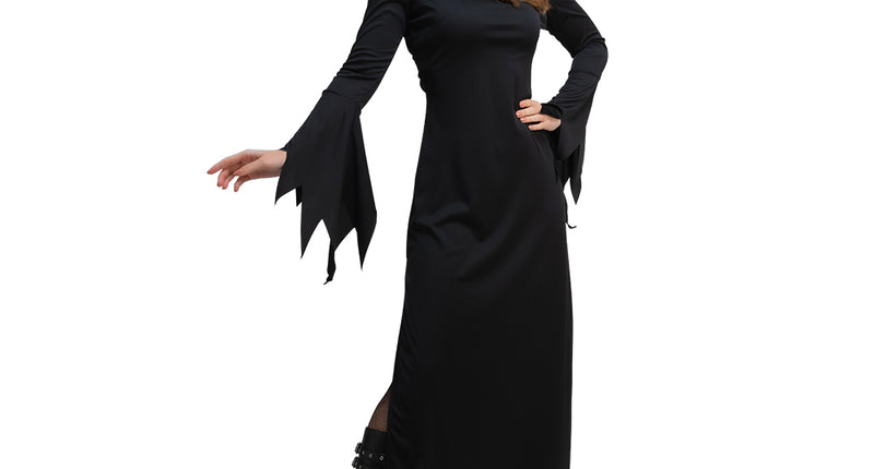 Heksen jurk geest in zwart met capuchon en gerafelde puntzoom, damesmodel voor Halloween