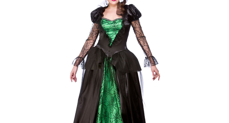 Heksen koningin jurk dames, zwarte jurk met groen spinnenwebpaneel en punthoed voor Halloween