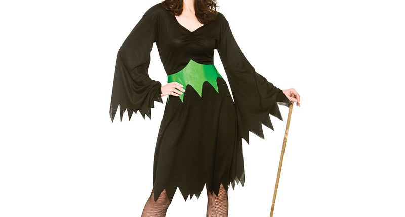 Heksen pak dames in zwart met groene zigzagband, punthoed en riem voor Halloween