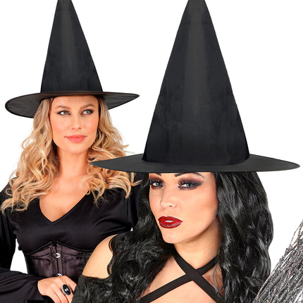 Heksenhoed zwart gedragen door twee dames met heksenschmink voor Halloween
