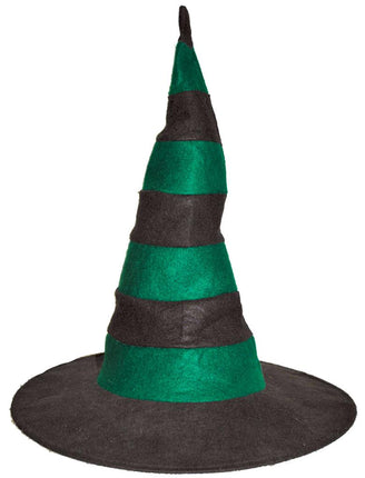 Heksenhoed zwart groen met gestreepte punt en brede zwarte rand van vilt voor Halloween