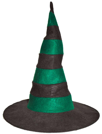 Heksenhoed zwart groen met gestreepte punt en brede zwarte rand van vilt voor Halloween