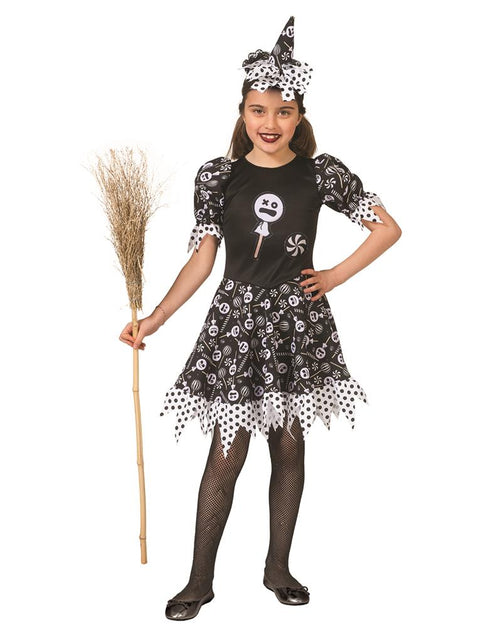 Heksenjurk Candy meiden in zwart-wit met snoepjesprint en bijpassende punthoed voor Halloween