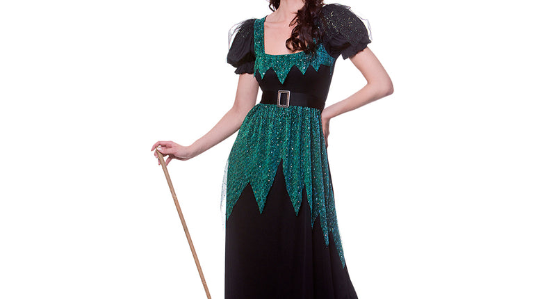 Heksenjurk Emerald dames, lange zwarte jurk met groene glitterpunten en taillegesp voor Halloween