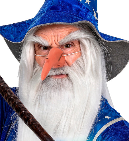 Heksenneus met wrat Gretha bij een witte baard en blauwe puntige hoed als tovenaarslook