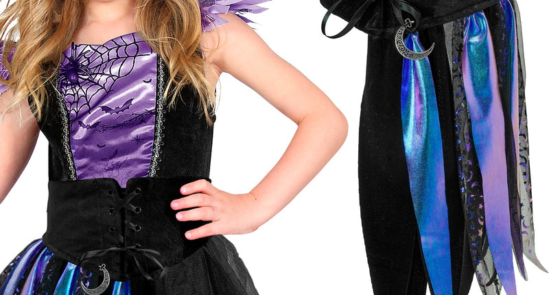Heksenriem meisjes zwart korset met maanhanger en blauw-paarse stroken, voor Halloween
