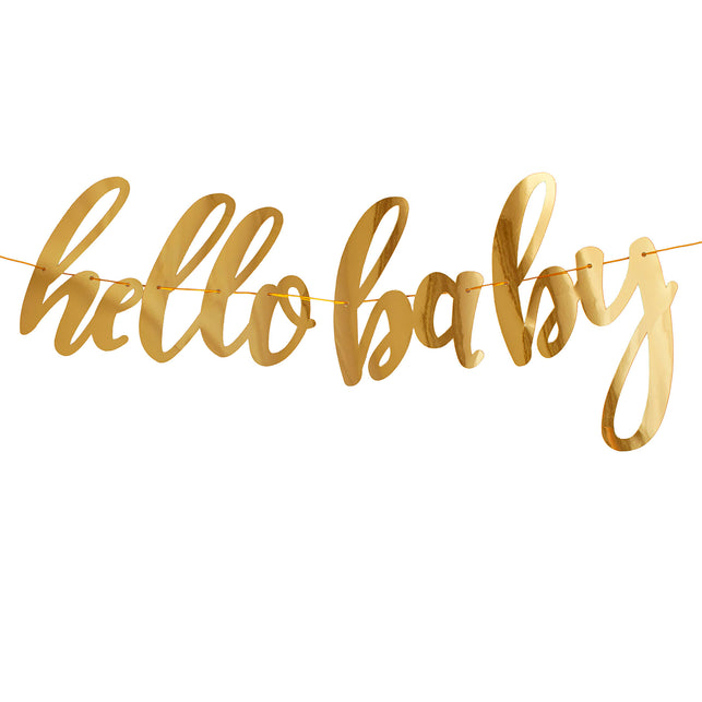 Hello Baby slinger van goudkleurig papier met letters in schuinschrift aan een gouden koord, voor een babyshower