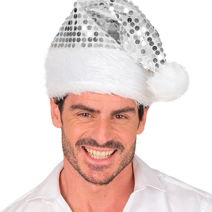 Heren kerstmuts zilver met brede witte pluche rand laag over het voorhoofd