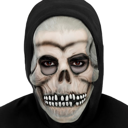 Heren schedelmasker met capuchon gedragen, open oogkassen en dubbele rij witte tanden